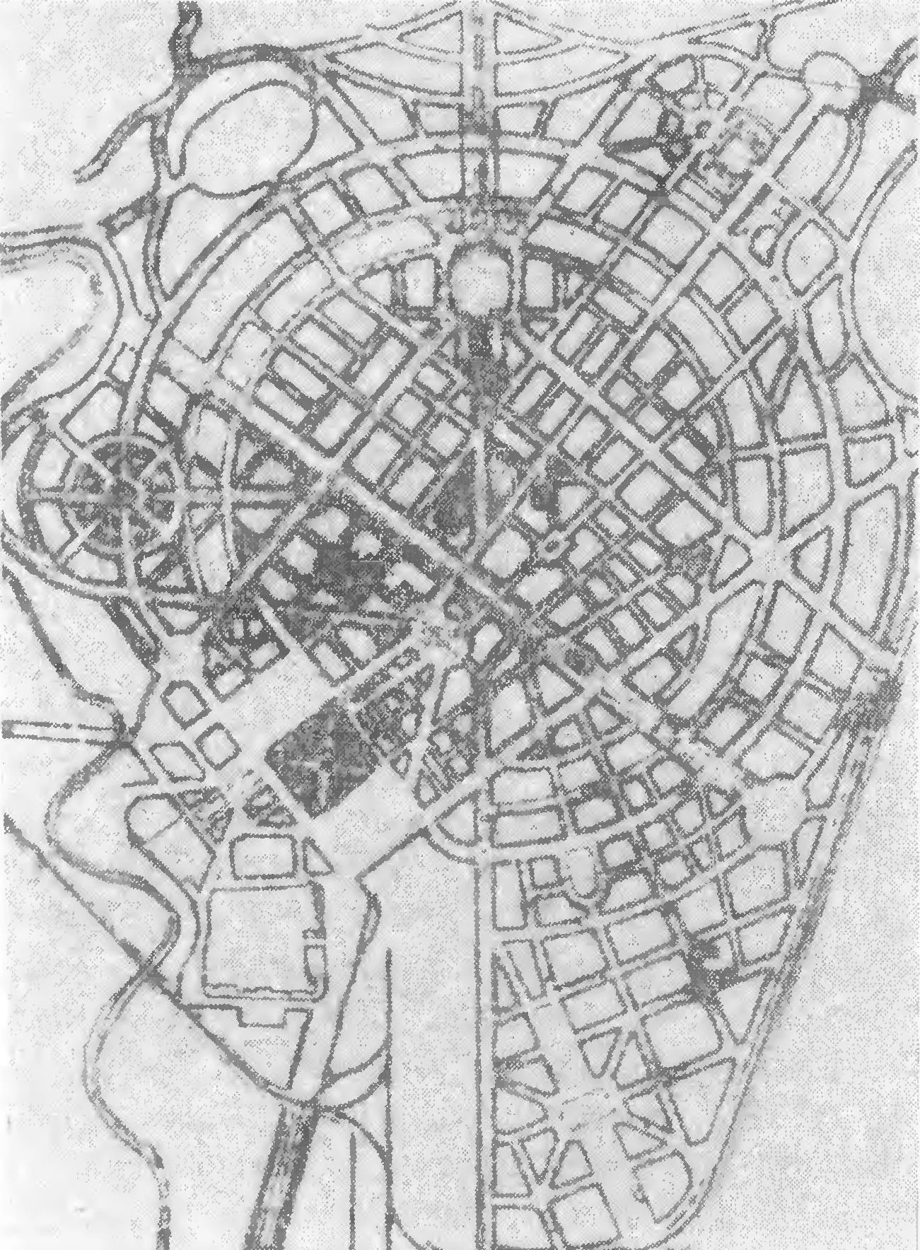 Alexander Tamanyan's 1924 general (master) plan of Yerevan, showing his radial-ring street network overlaid on the existing city — the garden-city-inspired scheme that shaped modern Yerevan.