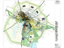 Kisho Kurokawa's Metabolist master plan (land-use plan) for the new capital of Kazakhstan, Astana, organised on linear/symbiosis principles.