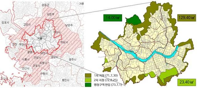 Map of the development-prohibited (greenbelt) areas ringing Seoul and its metropolitan area, established from 1971 under the City Planning Law.