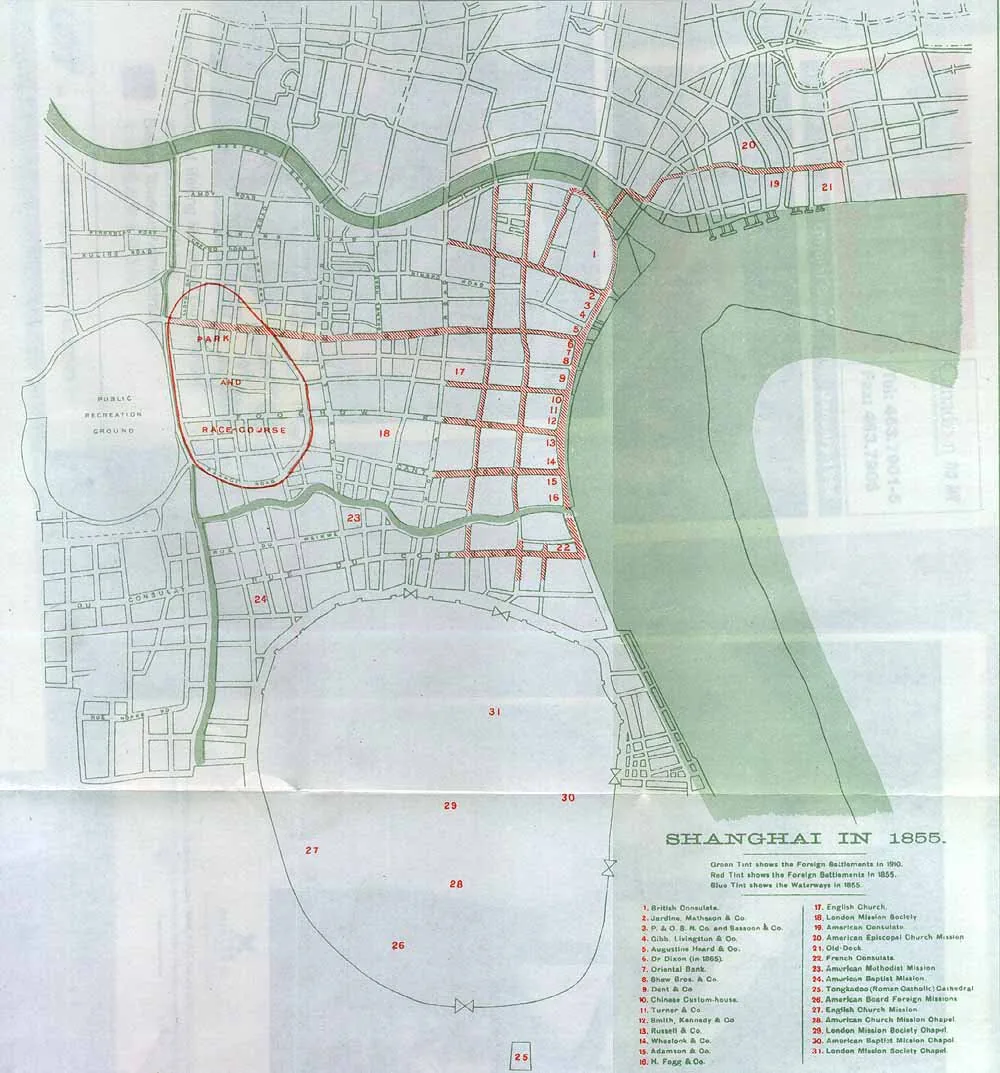 Historical map of Shanghai showing the extent of the foreign settlement/concessions (red) of 1855 along the Huangpu waterfront (the Bund), overlaid on the later street grid.