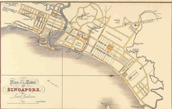 The original 1822 Jackson Plan showing Raffles' gridded, ethnically-zoned town layout along the Singapore River.