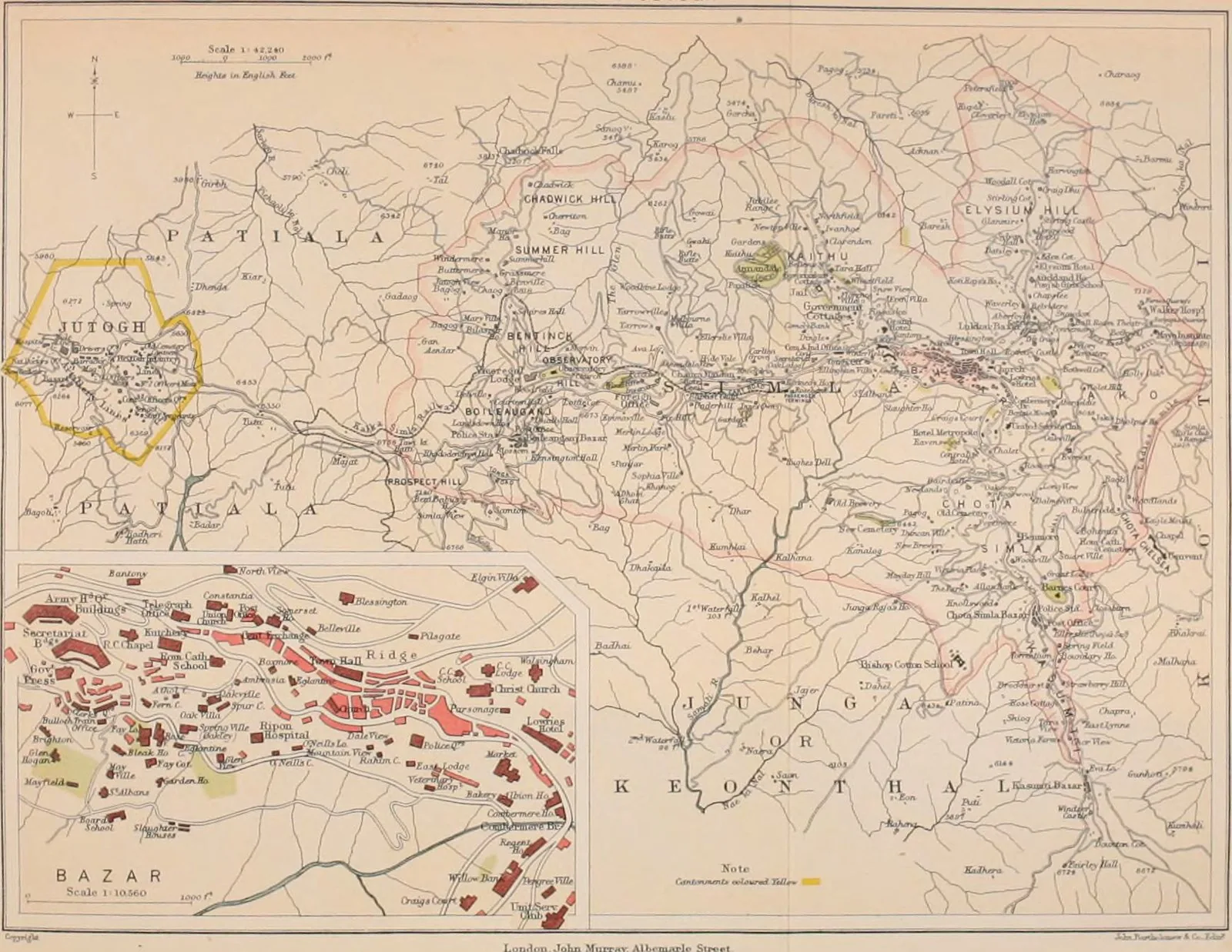 Town plan of the British hill station of Simla (Shimla, summer capital from 1864), showing the Mall, Jakko Hill, the Ridge and the ridge-following layout of the colonial settlement. (Closest free plan