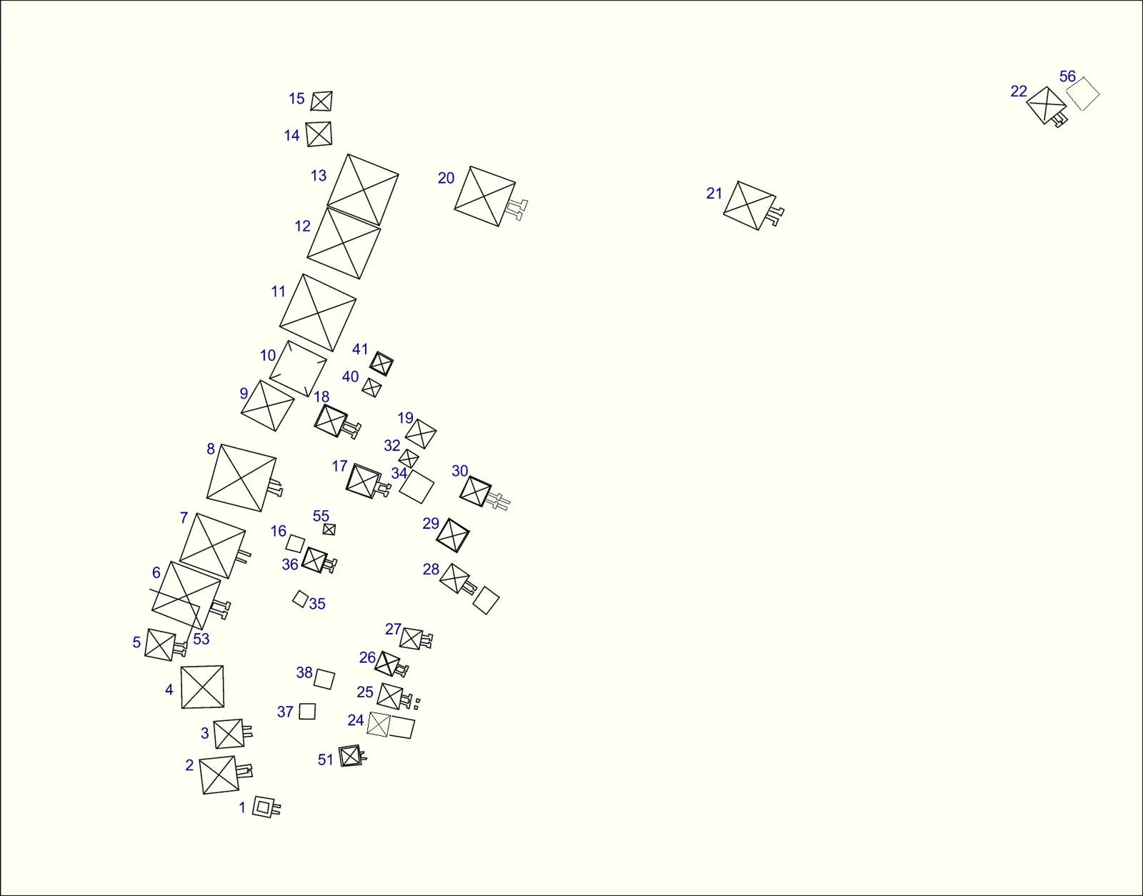 Measured plan of the Northern royal pyramid cemetery at Meroë (Bagrawiya North), Kushite capital.