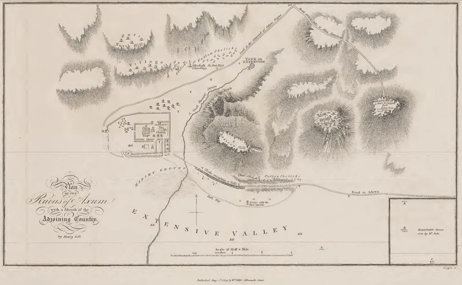 Measured ground plan of the ruins of Aksum, capital of the Aksumite Empire, mapping the stelae/obelisks, the reservoir (Mai Shum), village, monoliths and roads against the surrounding topography.