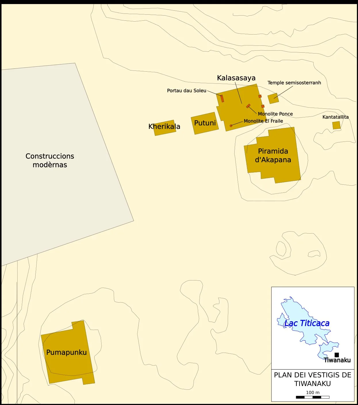 Measured site plan of the Tiwanaku ceremonial complex: Akapana, Kalasasaya, Semi-Subterranean Temple, Putuni, Pumapunku.