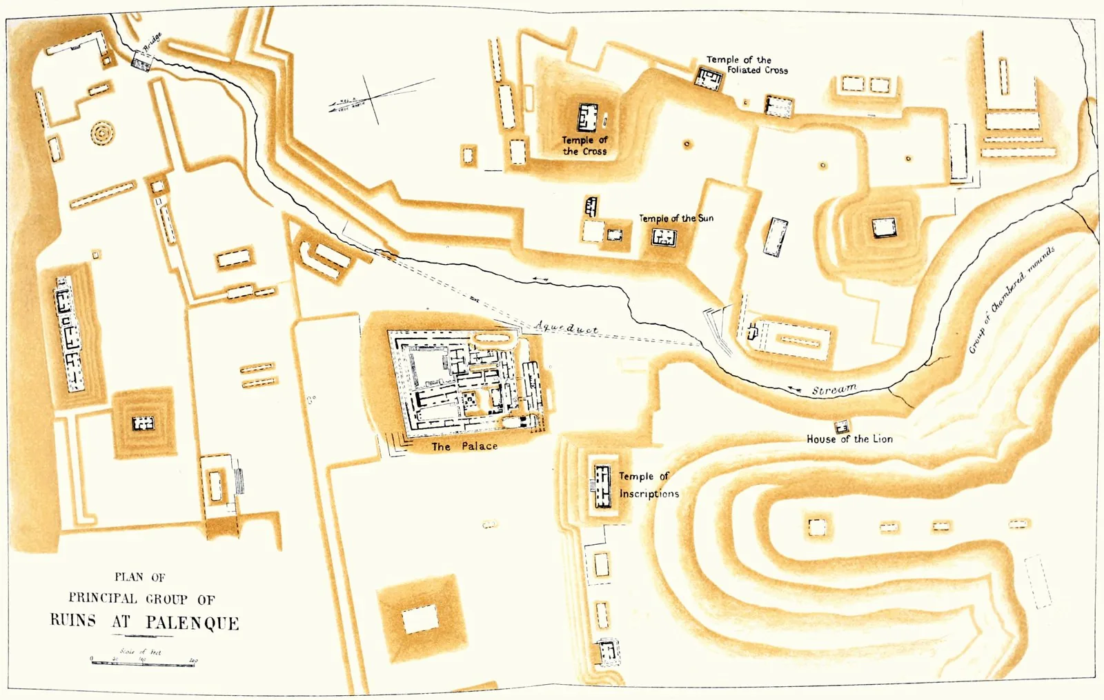 Surveyed plan of the central group of Palenque showing the Palace, Temple of the Inscriptions, and the Group of the Cross around the principal plazas.