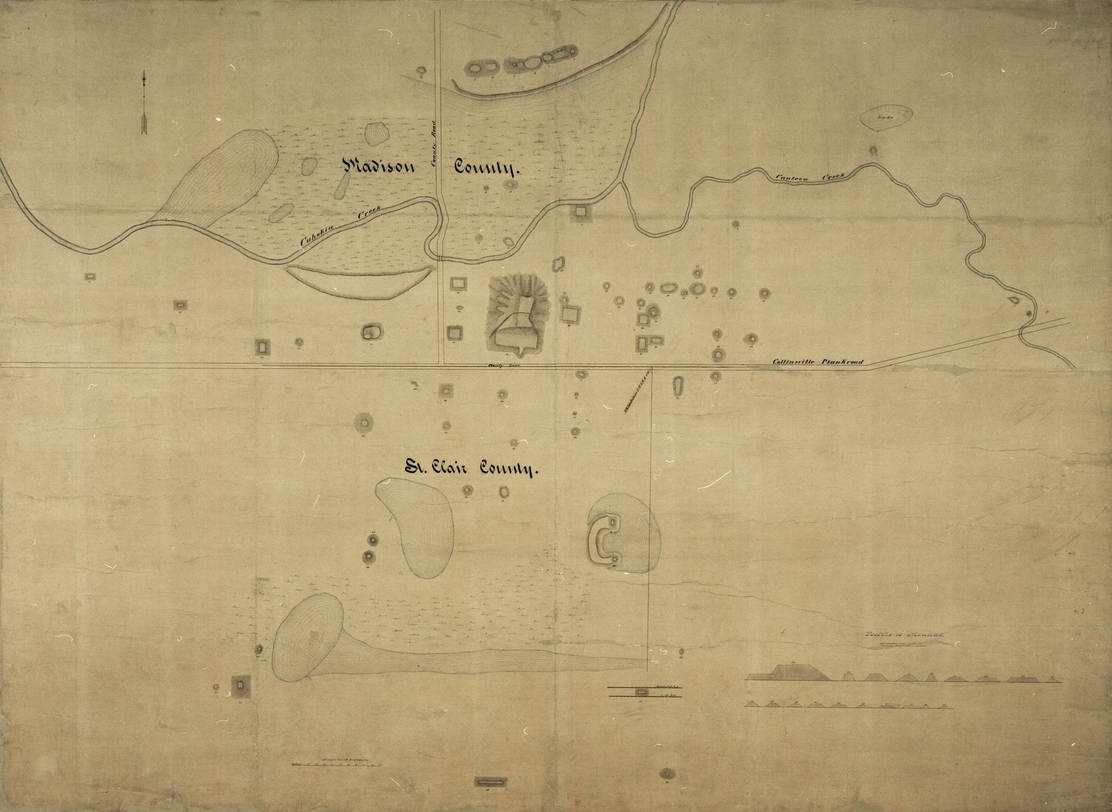 The 'Patrick Map' (c.1876): manuscript survey of the Cahokia mounds, with Monks Mound and its elevation contours at the centre and the outlying mound groups plotted across the American Bottom.