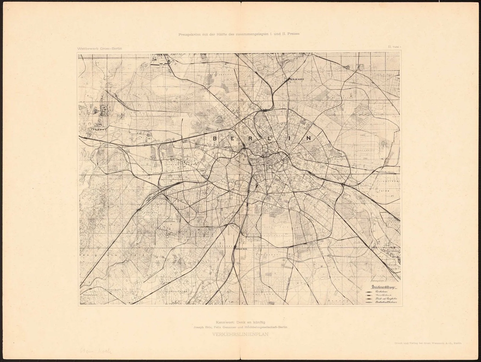 Transit-lines plan (Verkehrslinienplan) from the 1910 Greater Berlin competition by Brix & Genzmer, one of the two prize-winning entries; shows the proposed regional rail/transit network structuring m