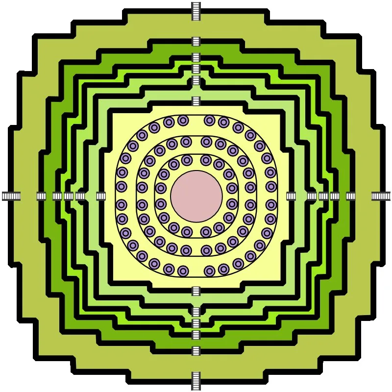 Top-down ground plan of Borobudur: square base, concentric terraces and circular upper platforms forming the mandala layout.