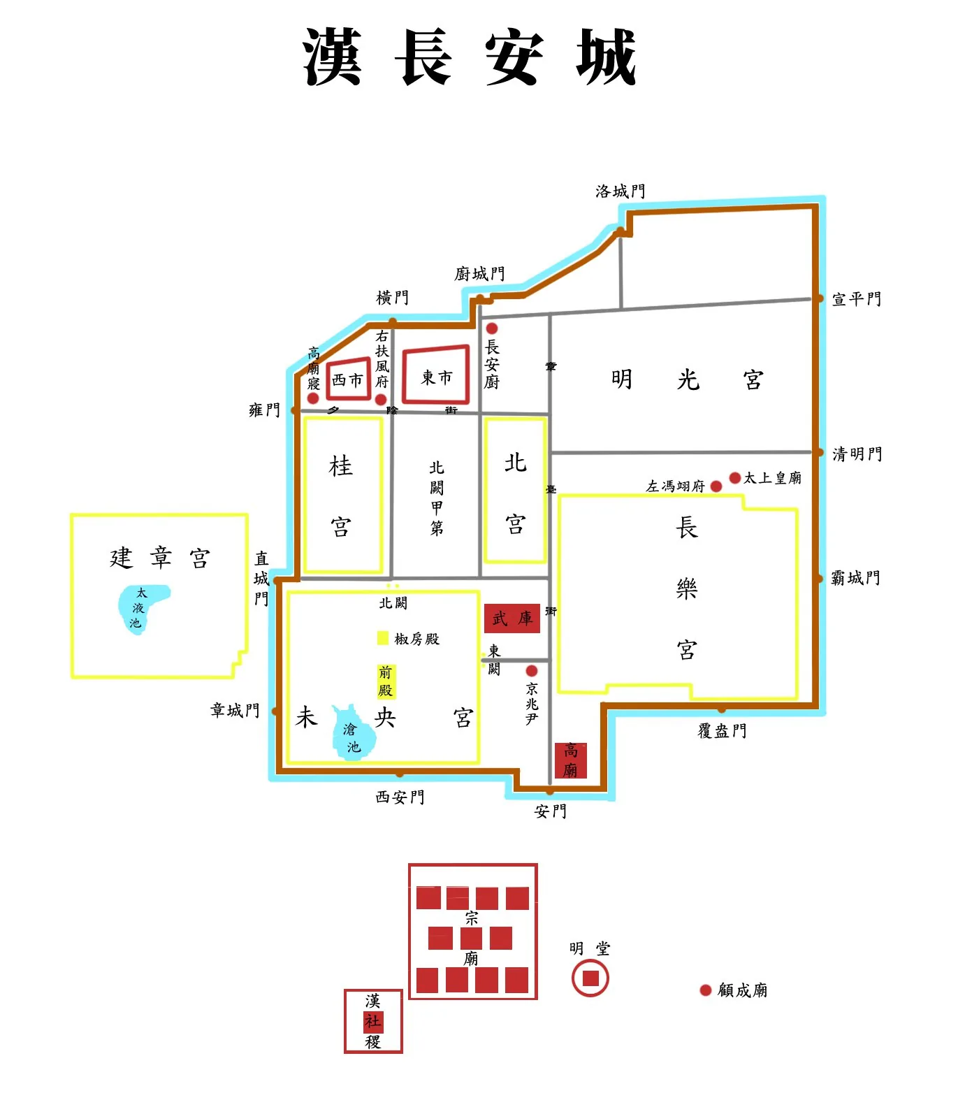 Schematic plan of Han Chang'an, capital of the Western Han, showing the irregular walled circuit, gates, main avenues and the Weiyang and Changle palace enclosures.