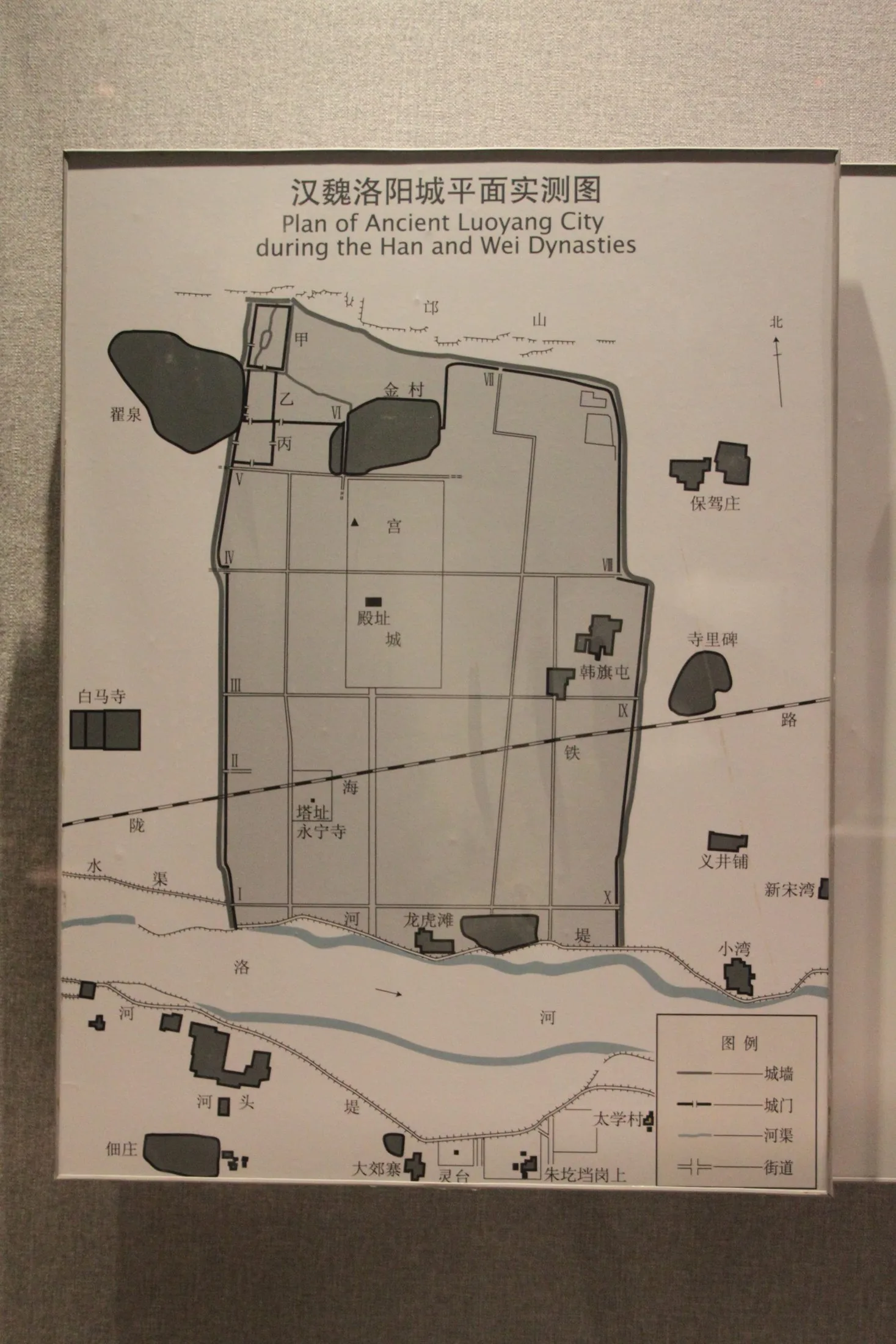 Plan of ancient Luoyang city during the Han and Wei dynasties, showing the walled circuit and central axis of the Northern Wei capital.