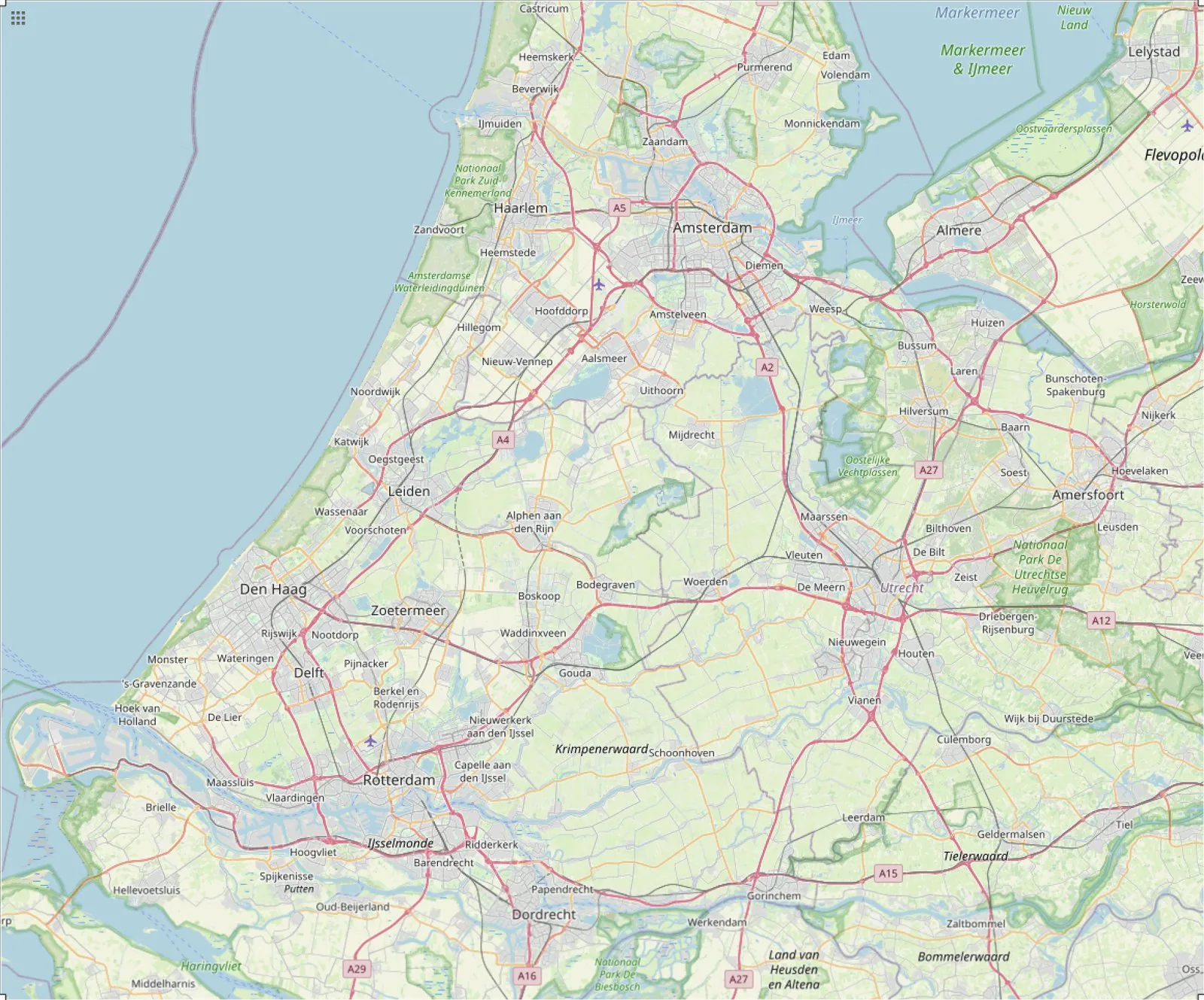Map of the Randstad ring of cities with the open Green Heart at its centre - the spatial structure that the Vierde Nota (1988) reinforced via its mainport / 'regions through their own strength' policy