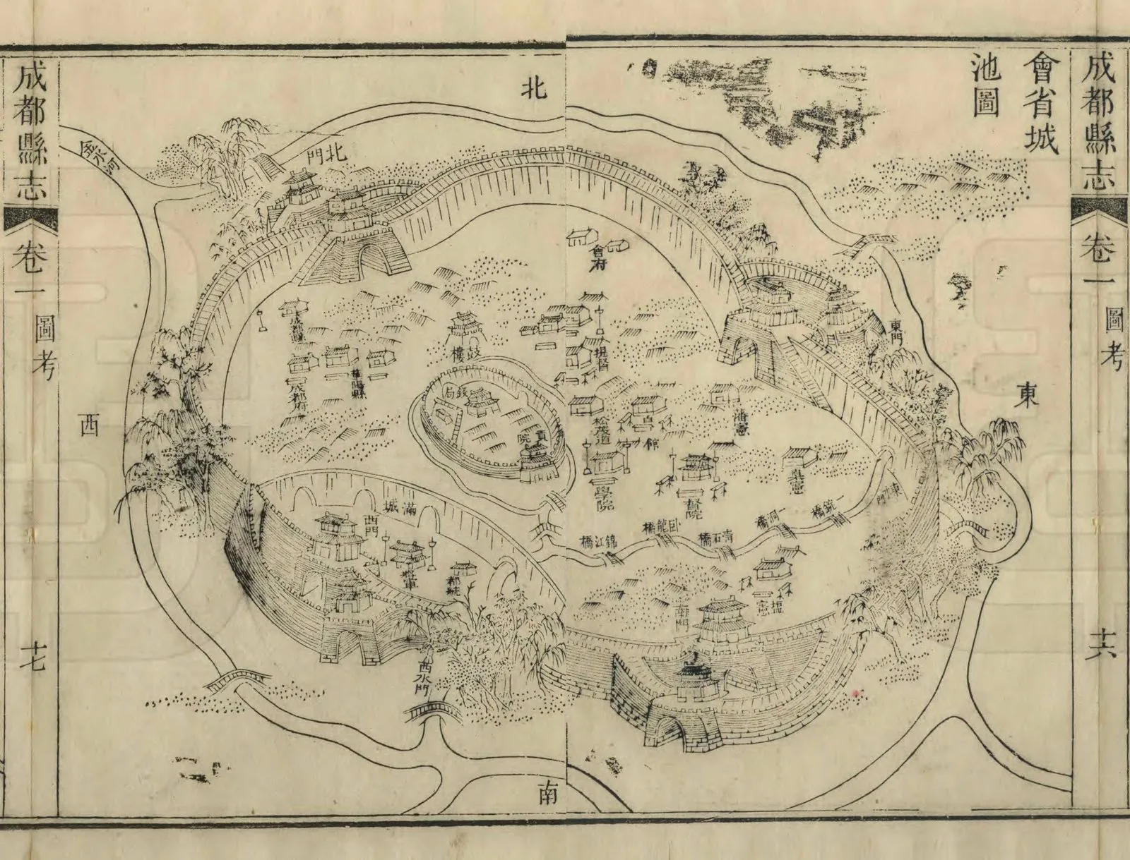 Historical plan of the walled city of Chengdu, showing the city wall, gates, the inner imperial/Manchu city and the two river courses - successor of the Qin-founded planned city laid out by Zhang Yi.