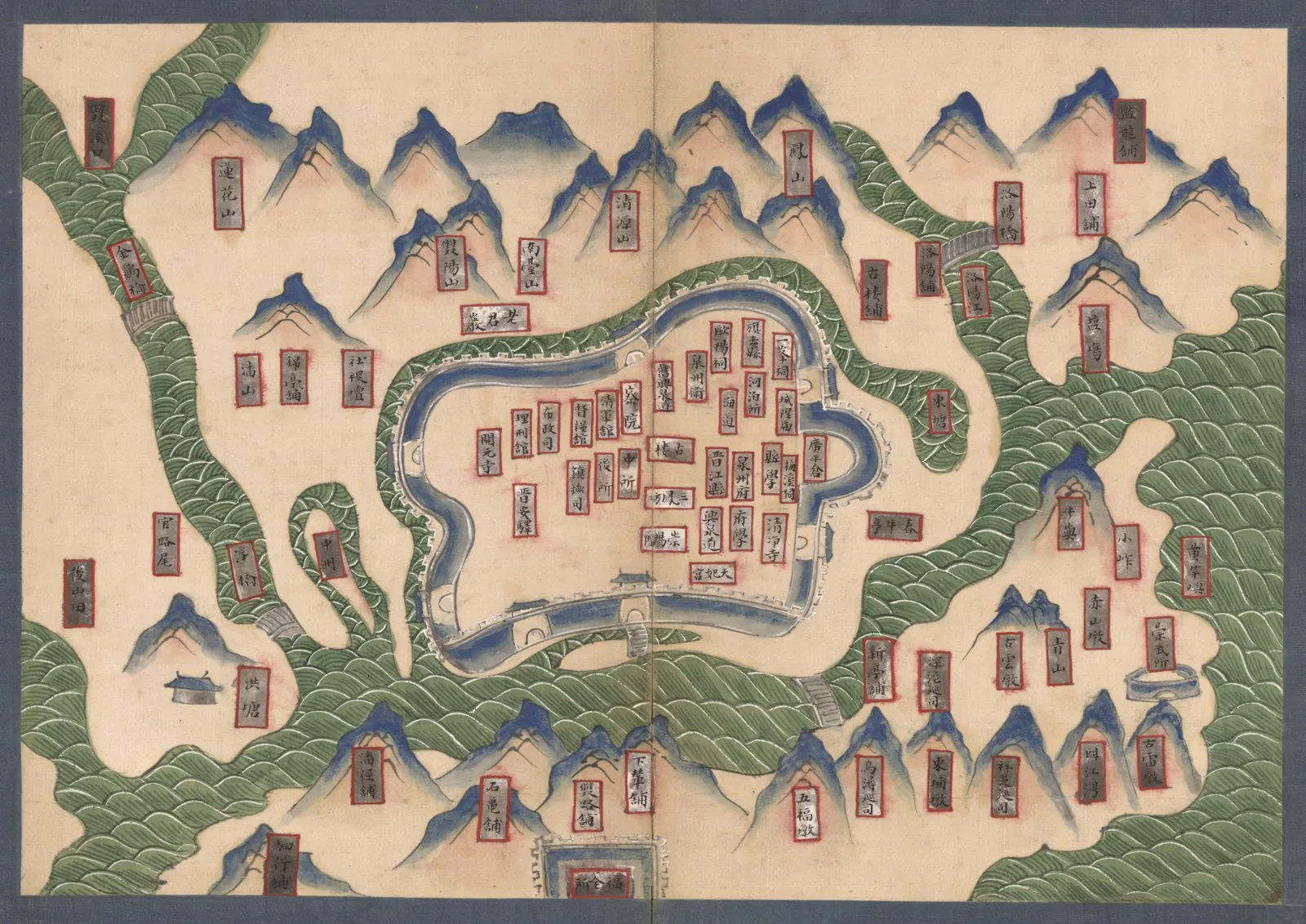 Ming-dynasty pen-and-watercolour map of the walled city of Quanzhou (Zayton), the Song-Yuan maritime emporium, showing the oval city wall and gates, internal buildings and the surrounding mountains an