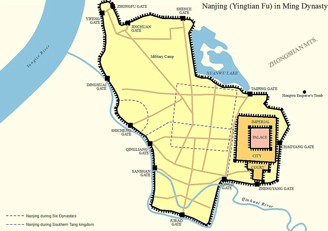 Scheme map of Ming-dynasty Nanjing showing the irregular outer and palace city walls, gates and street layout of the 1368 capital.