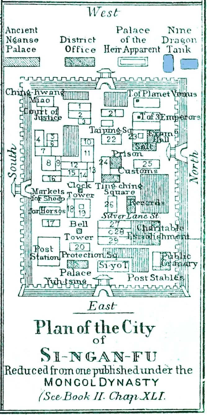 Plan of the walled city of Xi'an (Si-ngan-fu) showing the rectangular enceinte, gridded streets and four cardinal gates - the legible plan geometry of the Ming/Yuan walled city.