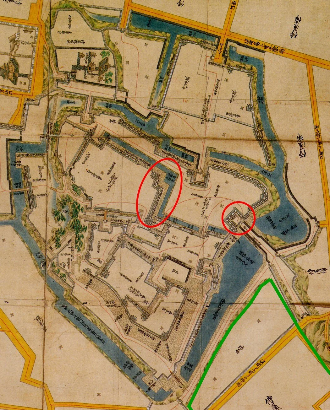 Old plan of Kanazawa Castle (seat of the Maeda Kaga domain) showing the castle enceinte, Ishikawa-mon gate and Kenrokuen, the planned core of the castle town. Best available free plan; a complete joka