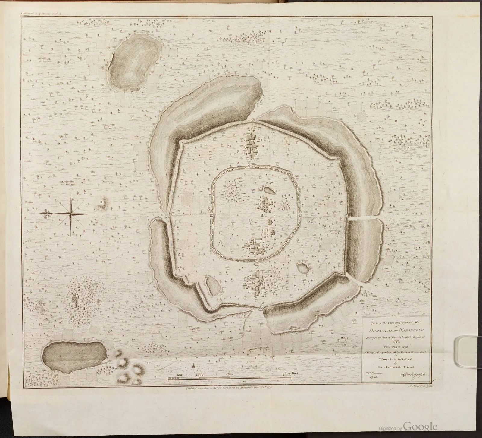 1793 measured plan of Warangal showing the Kakatiya fort's concentric circular walls, moat and four cardinal gateways - the clearest legible drawing of the radial/concentric capital geometry.