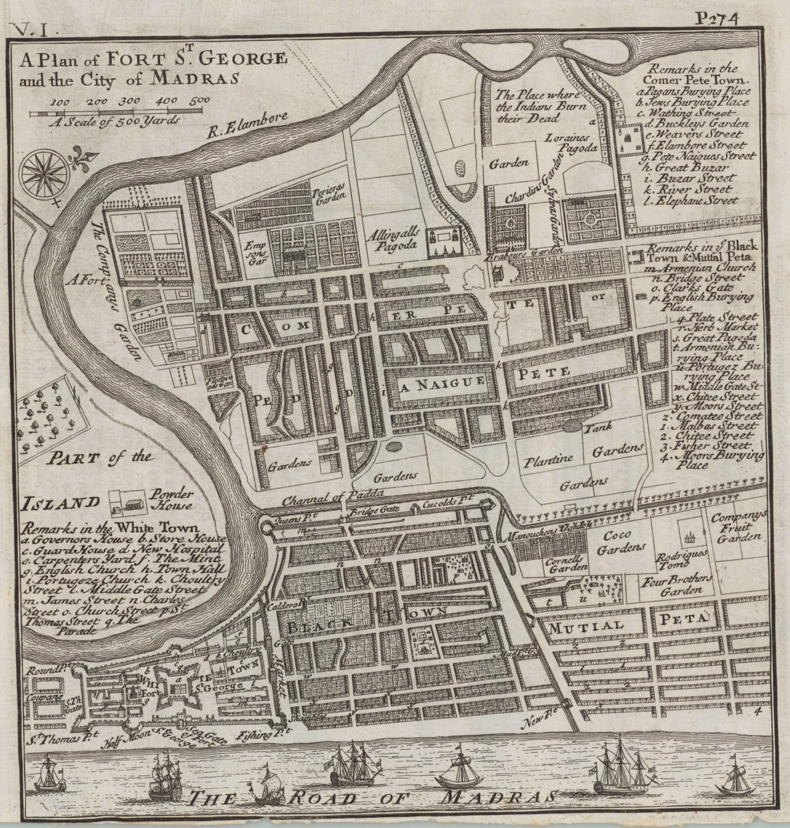 Early-18th-century plan of Fort St George and the City of Madras showing the bastioned English fort and the gridded colonial town - the EIC's 1640 grid settlement.