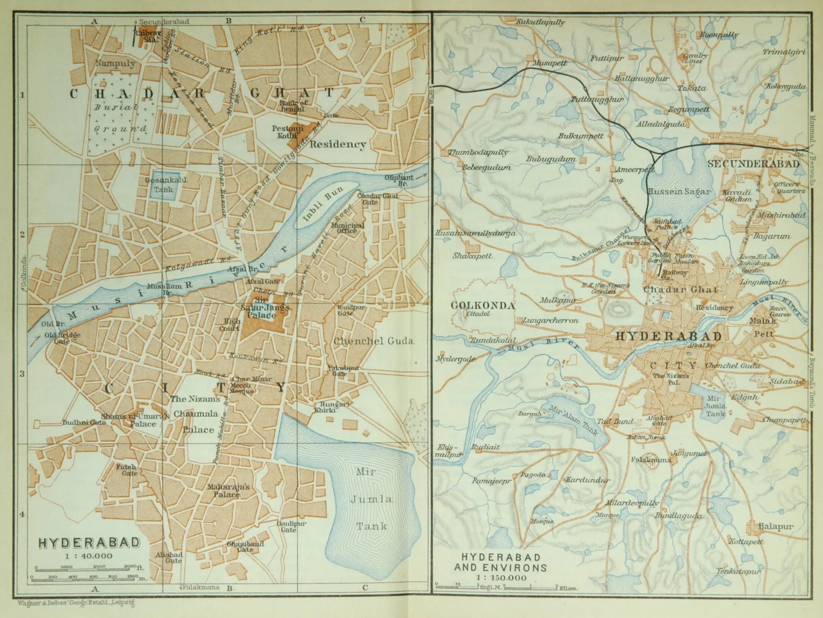 1914 double plan of Hyderabad (city centre at 1:40,000) showing the grid of roads radiating from the Charminar crossroads of Muhammad Quli Qutb Shah's 1591 planned city.