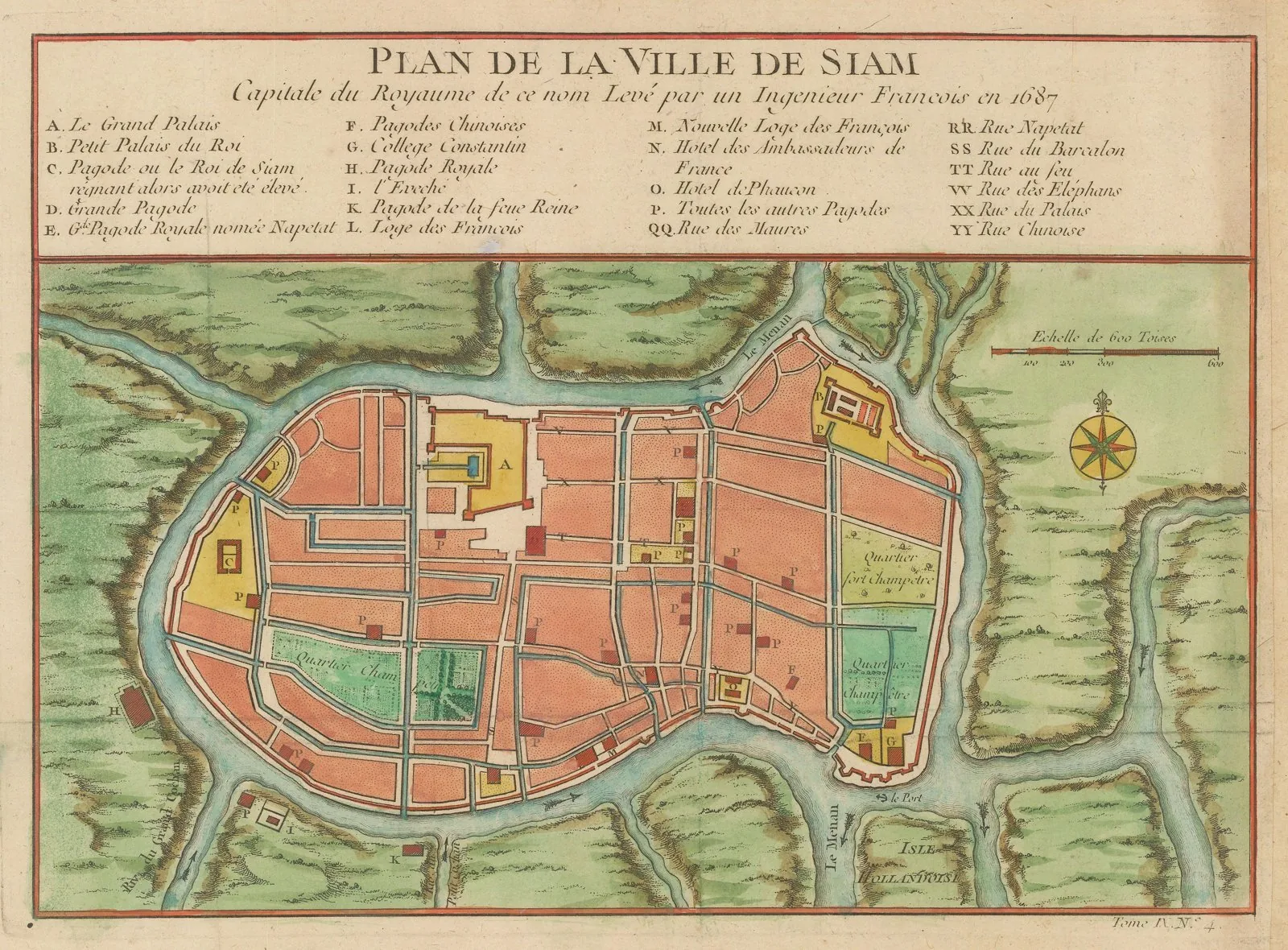1751 city plan of Ayutthaya based on a 1687 French engineer's survey, showing the island capital with its ring of rivers/canals, streets, walls and palaces before the 1767 sack.