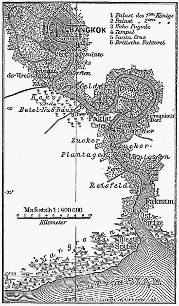 Late-19th-century city map of Bangkok showing the Rattanakosin royal island bounded by the Chao Phraya river and the ring canals, with the Grand Palace and the gridded/canal old-city layout founded by