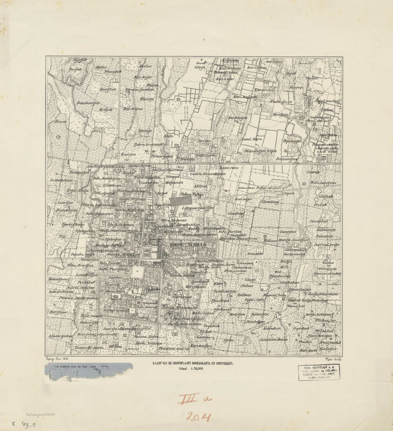 1872 topographic plan of Yogyakarta (Djokjakarta) showing the Kraton complex, its walled enclosure and the north-south cosmological axis through the alun-aluns and city streets. Note: file is a high-r