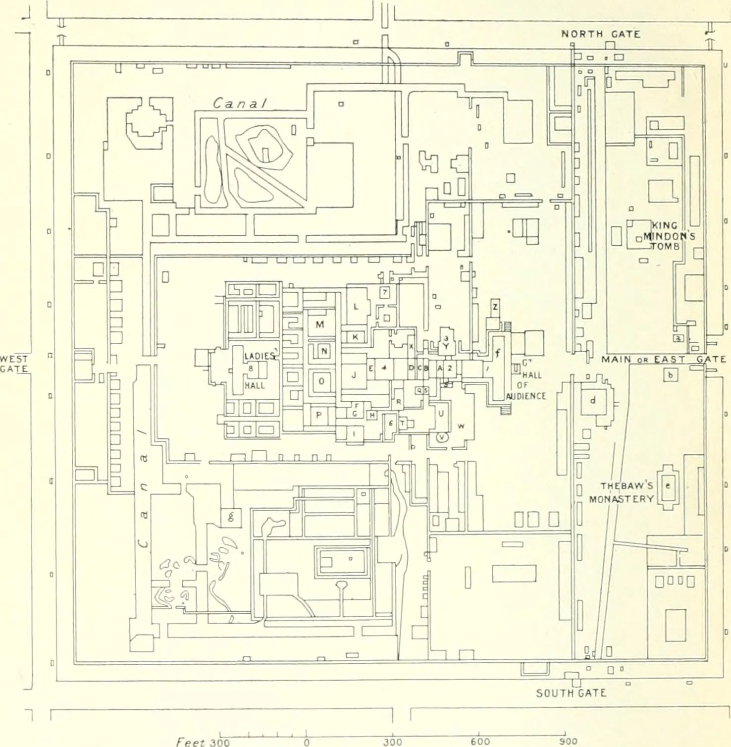 Labelled plan of the walled palace-citadel at the centre of King Mindon's grid-planned Mandalay, showing the geometric royal compound (Glass Palace, residences, halls) within the square fortified encl