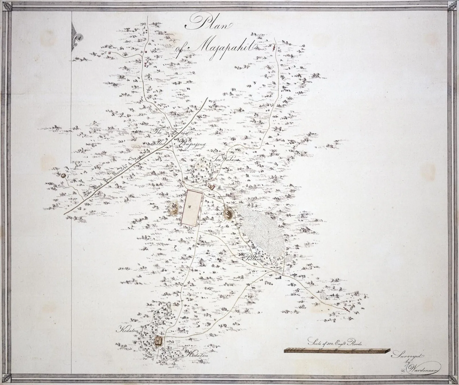 Early 19th-century plan of Trowulan, capital of the Majapahit empire, mapping the gridded canal/enclosure layout of the court city.