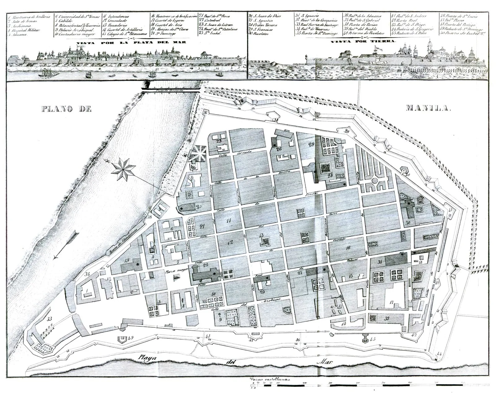 1851 plan of Manila showing the Intramuros walled city with its Laws-of-the-Indies grid, bastioned ramparts and the Pasig river/bay frontage.