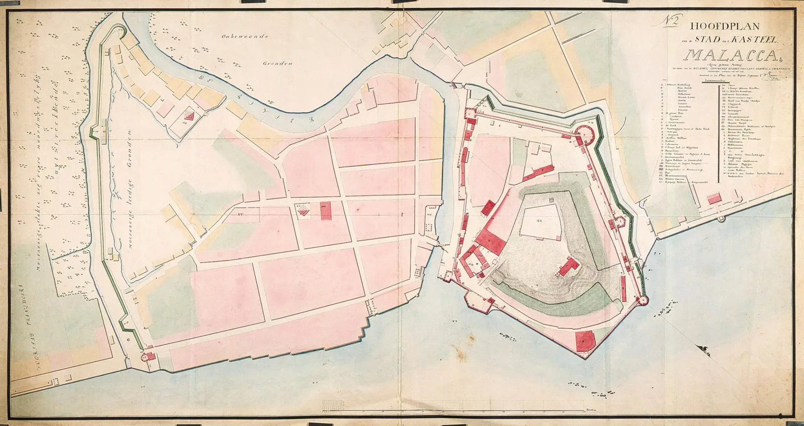 Mid-18th-century Dutch VOC plan of the city and castle (A Famosa) of Melaka, showing the fortified town layout, streets and bastions.