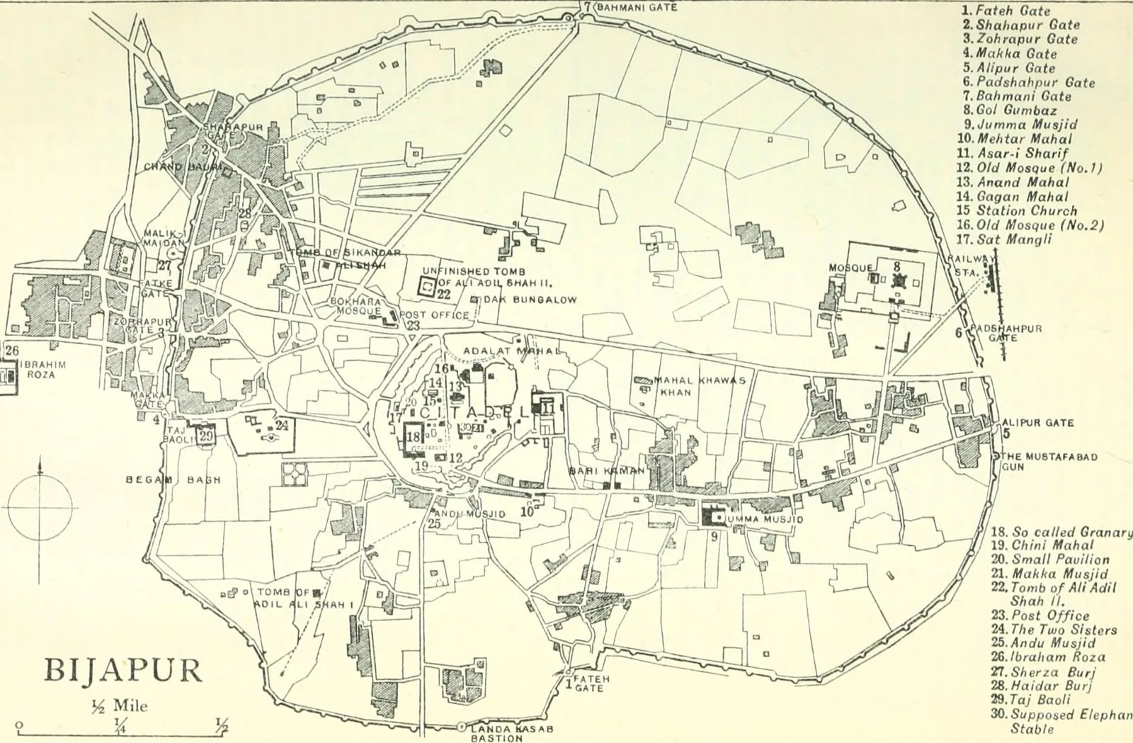 Early-20th-century town plan of Bijapur (Vijayapura) showing the concentric Adil Shahi fortified city, the citadel (arkilla), the circuit walls and gates, and the locations of the Gol Gumbaz, Ibrahim 