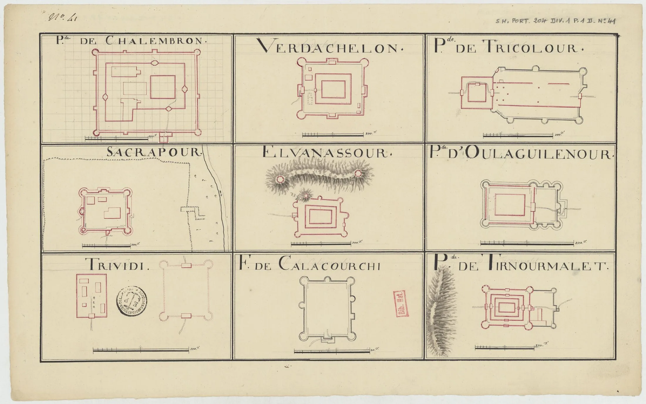 French survey plans of Tamil temple-forts, c.1760: the panel at bottom right, 'P.de de Tirnourmalet', records Tiruvannamalai's Arunachalesvara complex as a set of nested rectangular enclosures with axial gopura gates, the Arunachala hill drawn to its west.
