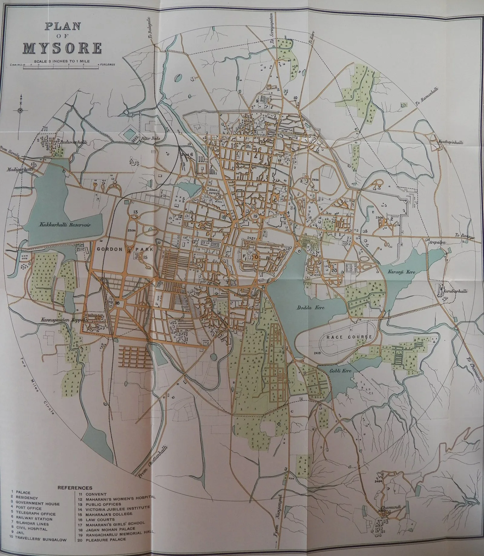City plan of Mysore from the 1897 Rice Gazetteer, showing the planned layout of the palace city, streets and extensions that framed the later Wodeyar/Visvesvaraya hygienist reforms. Public-domain pre-