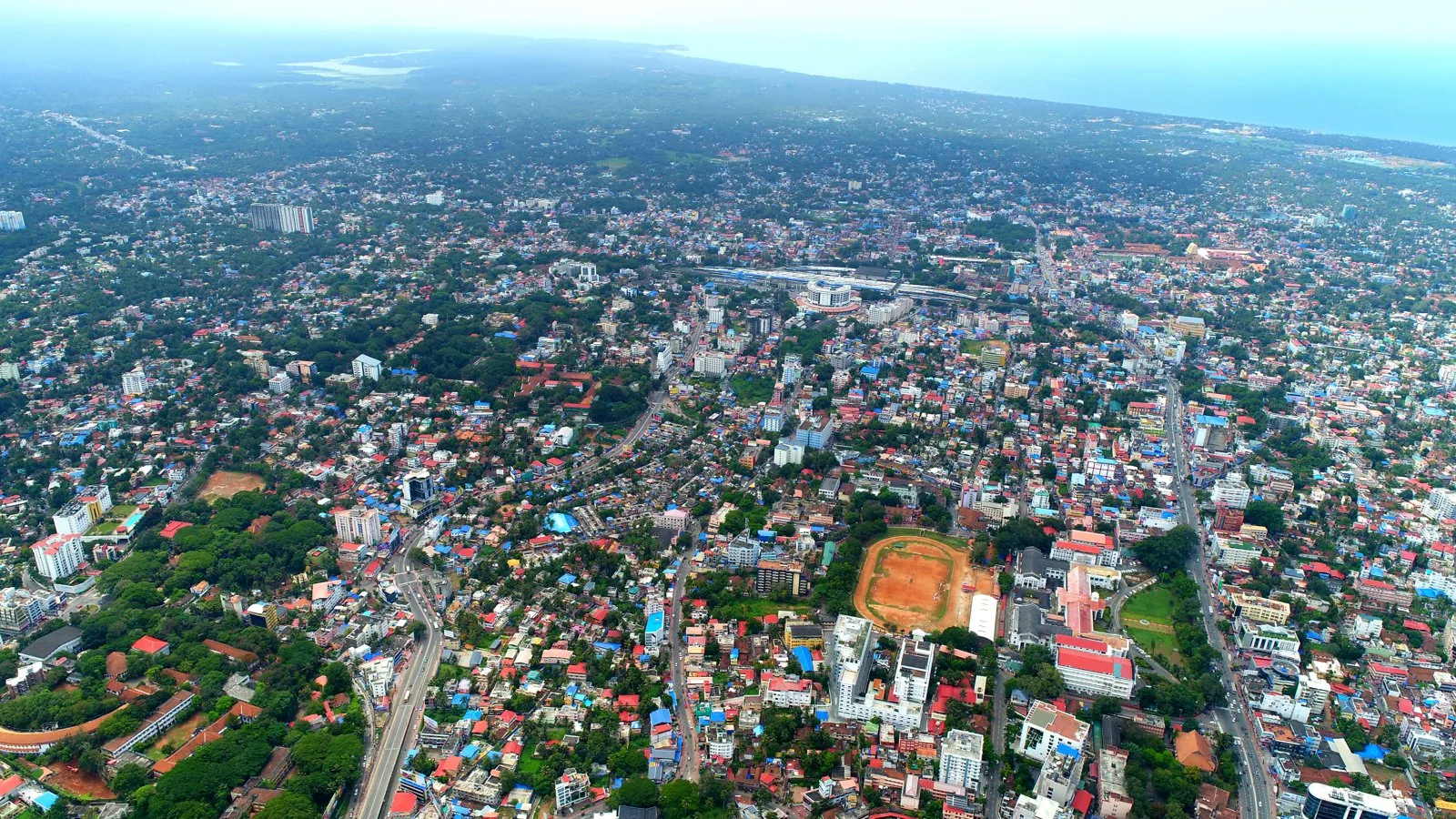Aerial view over Thampanoor in central Thiruvananthapuram, the historic Travancore capital.