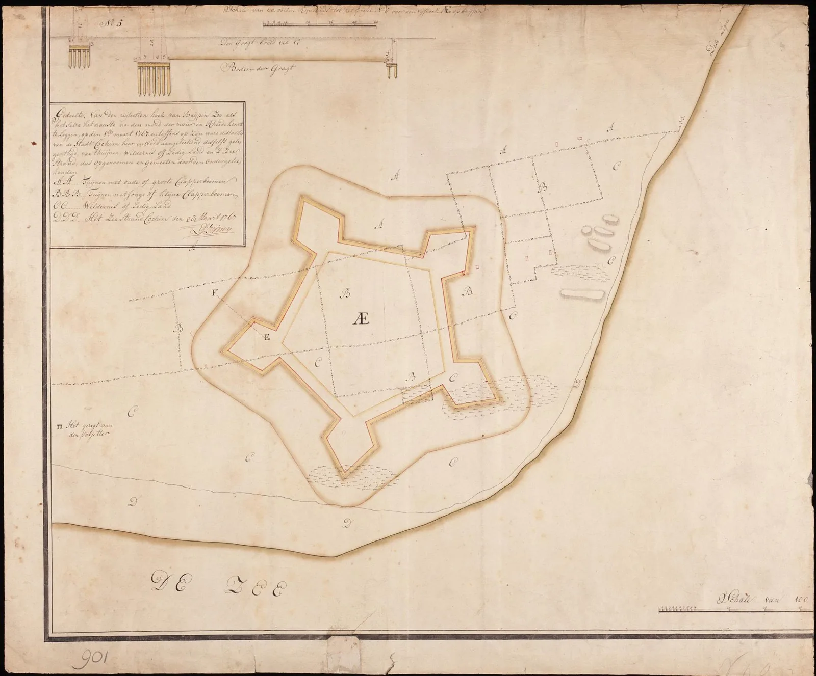 1767 Dutch VOC plan of the fortified city and fort of Cochin (Fort Kochi), showing the bastioned ramparts, street grid and harbour - the Portuguese-then-Dutch colonial town. Original caption: 'Plan de