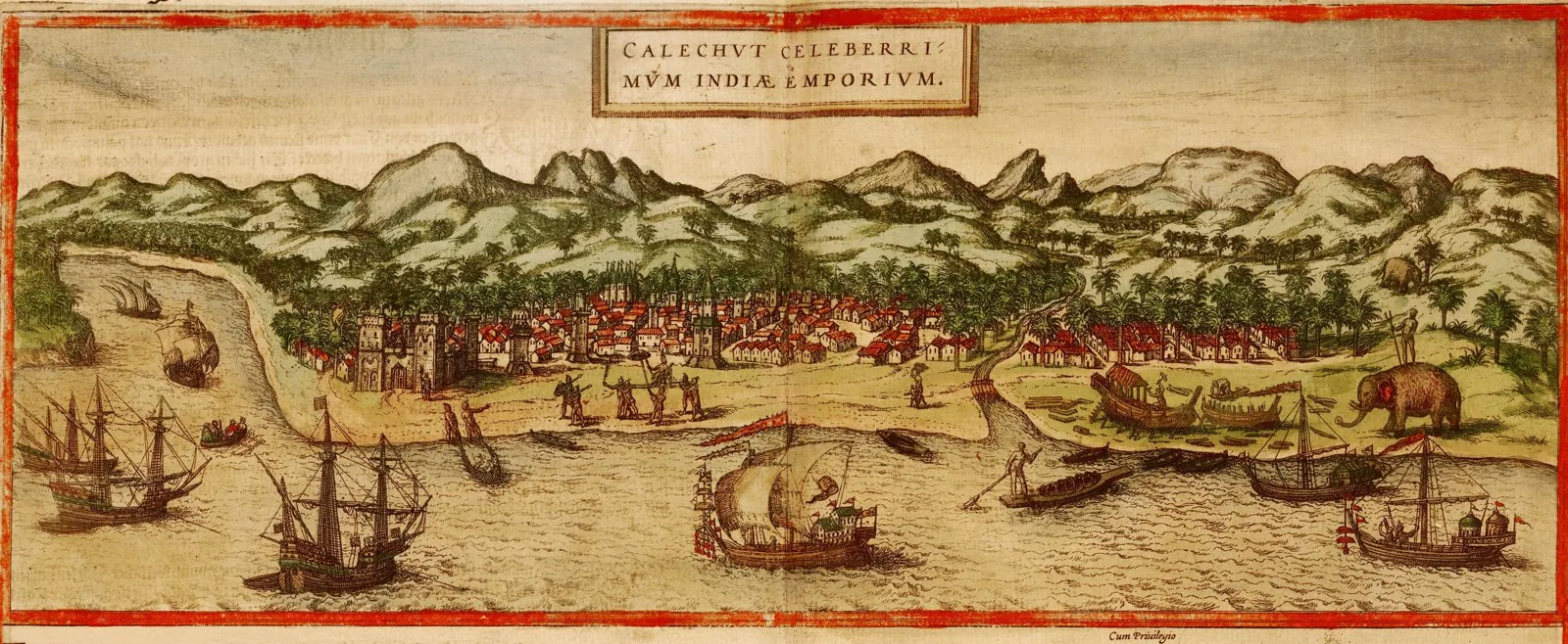 The 1572 Braun & Hogenberg bird's-eye view-map of the Zamorin port-city of Calicut (Kozhikode) on the Malabar coast, showing the coastal town layout, harbour and maritime trade activity, the earliest 