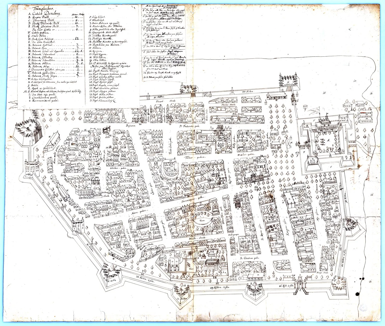 1725 plan of the Danish colonial town of Tranquebar (Tharangambadi) showing the gridded streets, Fort Dansborg, the bastioned town wall and the coastline - the planned layout of the Danish East India 