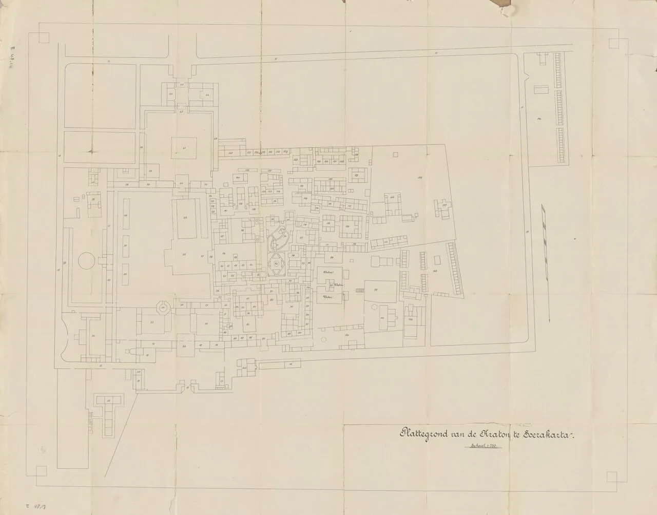 Historic ground plan (plattegrond) of the Kraton of Surakarta (Solo), showing the walled palace compound and its courts.