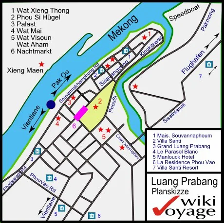 Schematic town plan of the Luang Prabang royal-city peninsula between the Mekong and Nam Khan rivers, showing the street layout, Mount Phou Si, the royal palace and the principal Buddhist wats of the