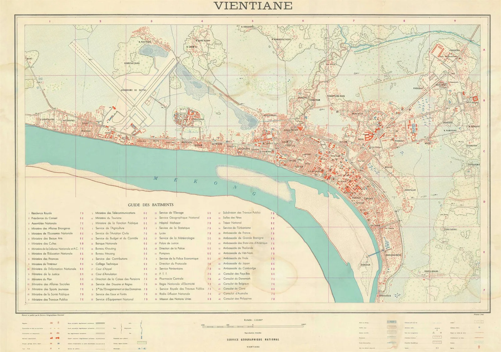 1961 street/city map of Vientiane showing the urban plan along the Mekong - the layout of the former Lan Xang capital and later French/Lao administrative city. No earlier (16th-c. Setthathirath-era) p