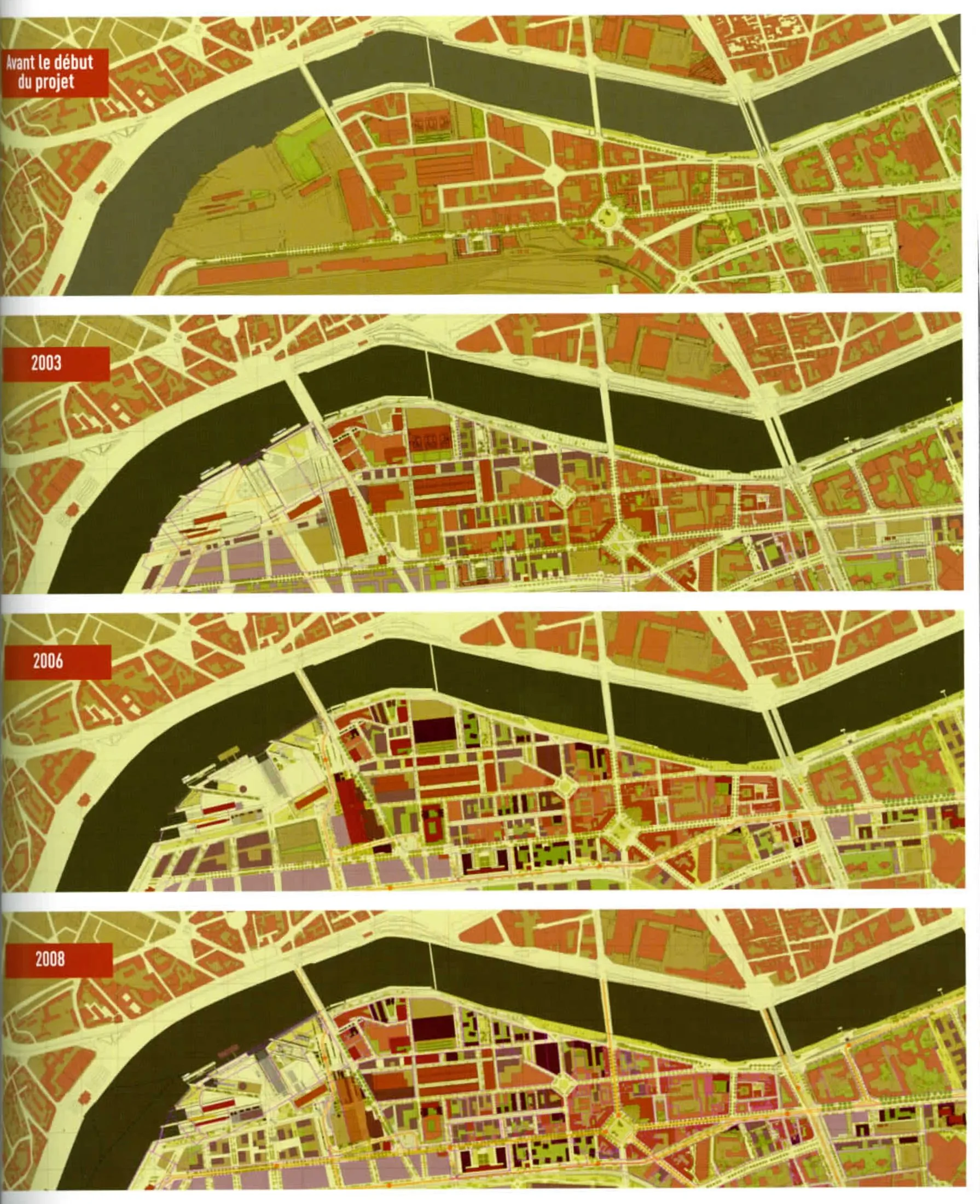 Ile de Nantes plan guide: the island before the project and in 2003, 2006 and 2008