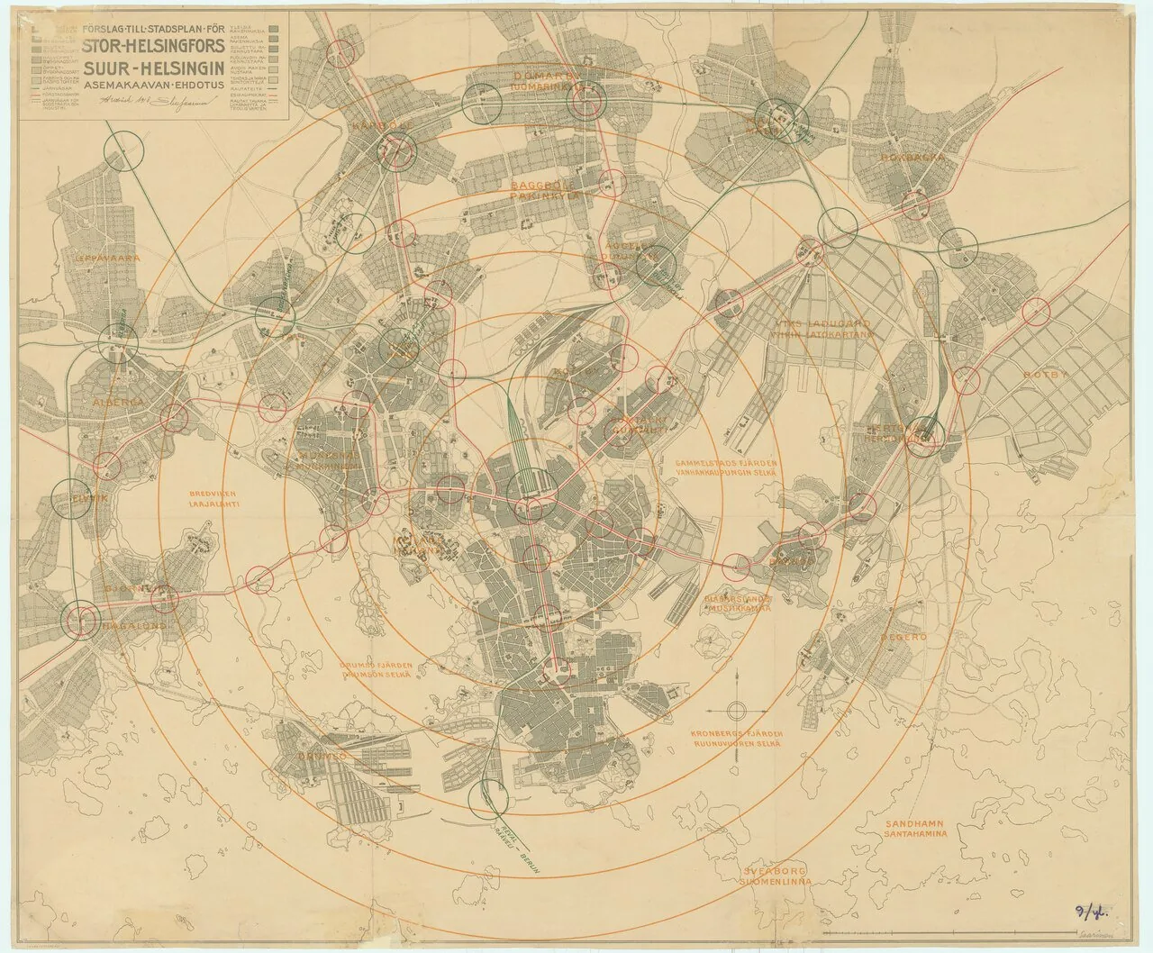 Eliel Saarinen's Greater Helsinki / Pro Helsingfors town-plan proposal of 1918 (the unbuilt 'Suur-Helsinki' plan), showing the decentralised satellite structure, radial transport rings and the Kuninga